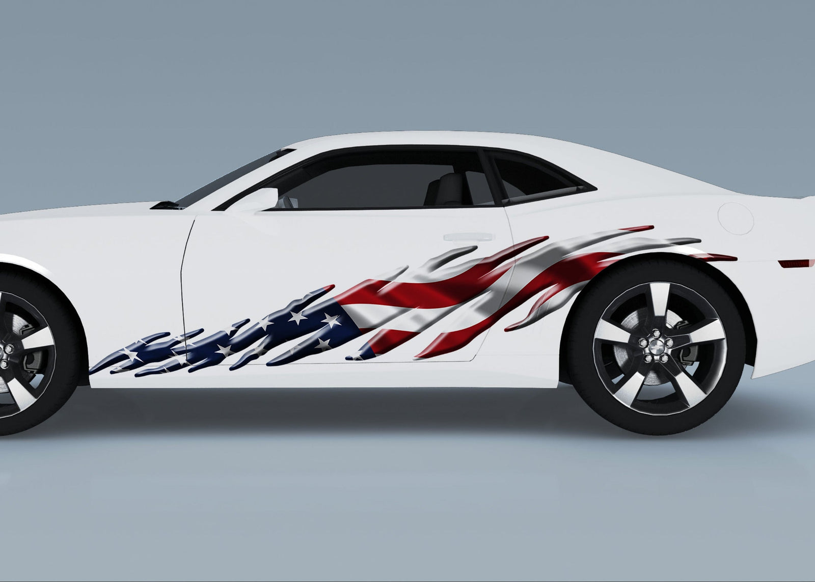 white camaro with flamesurge American flag decal on driver side