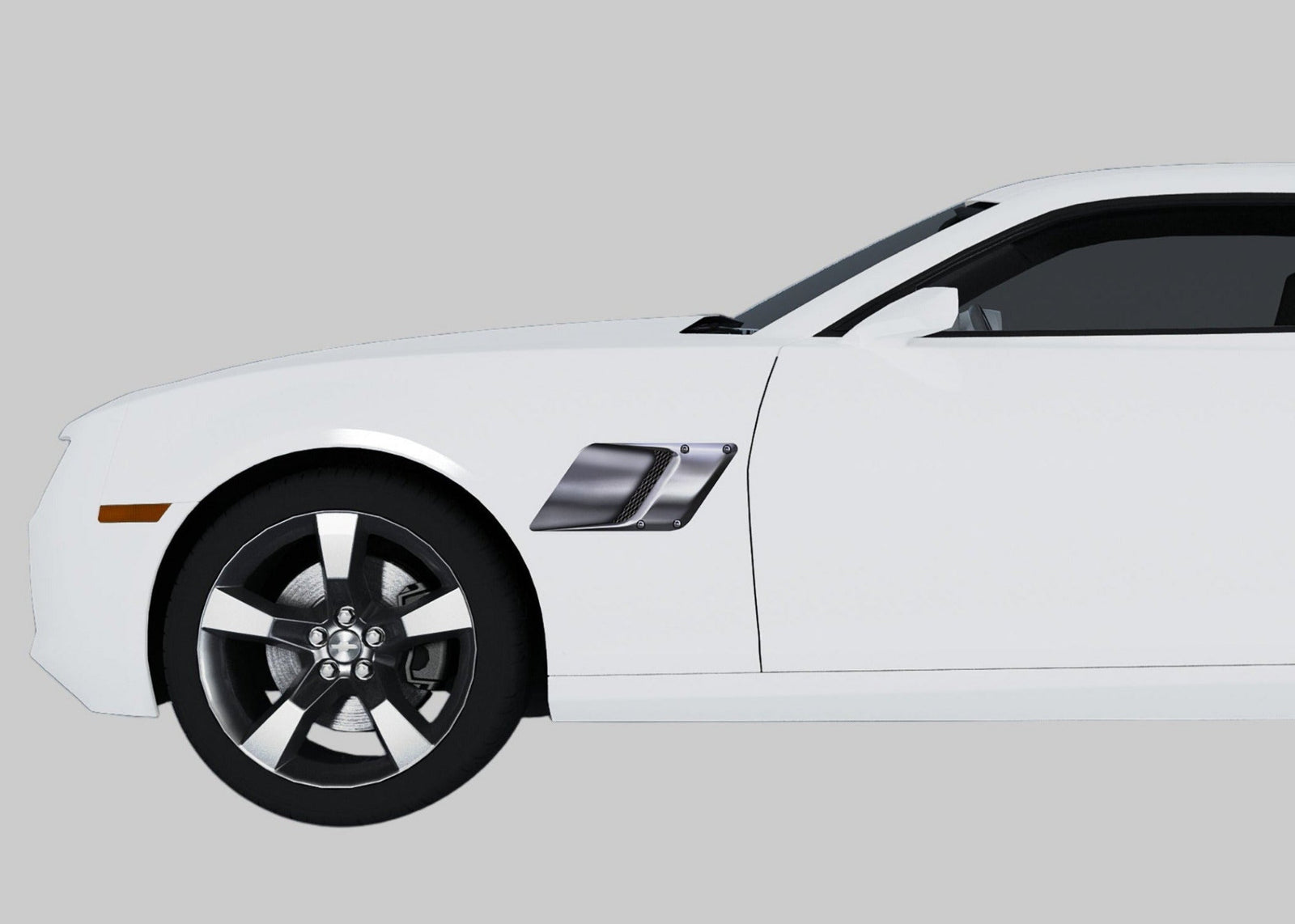 white camaro with square silver air scoop illusion decal on its driver side
