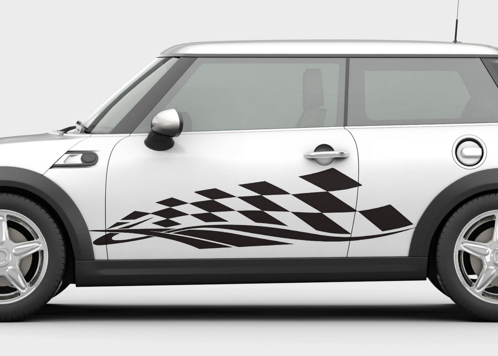 White car with black checkered decal pattern on a white background