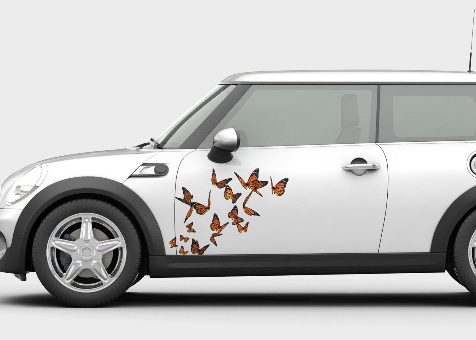 white mini cooper with butterflies decals on drivers door side view