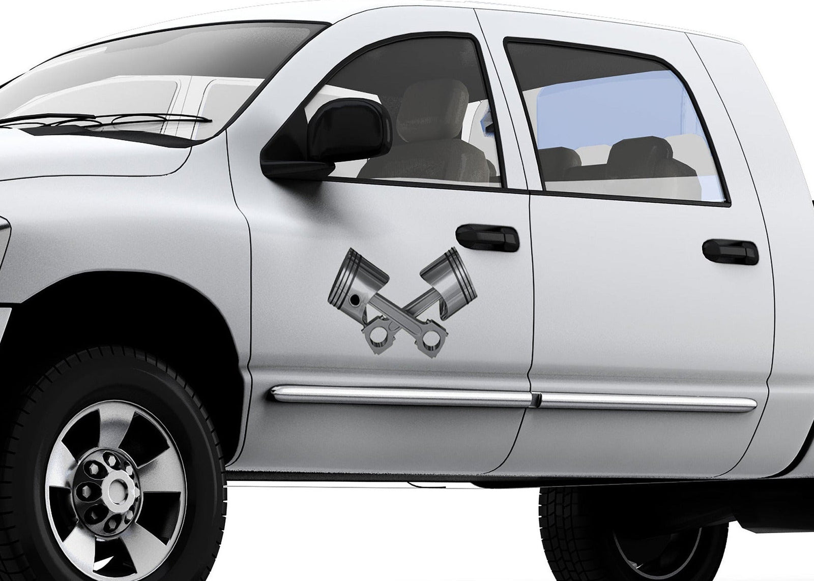 white pickup mockup side angeled view with piston decal on driver door