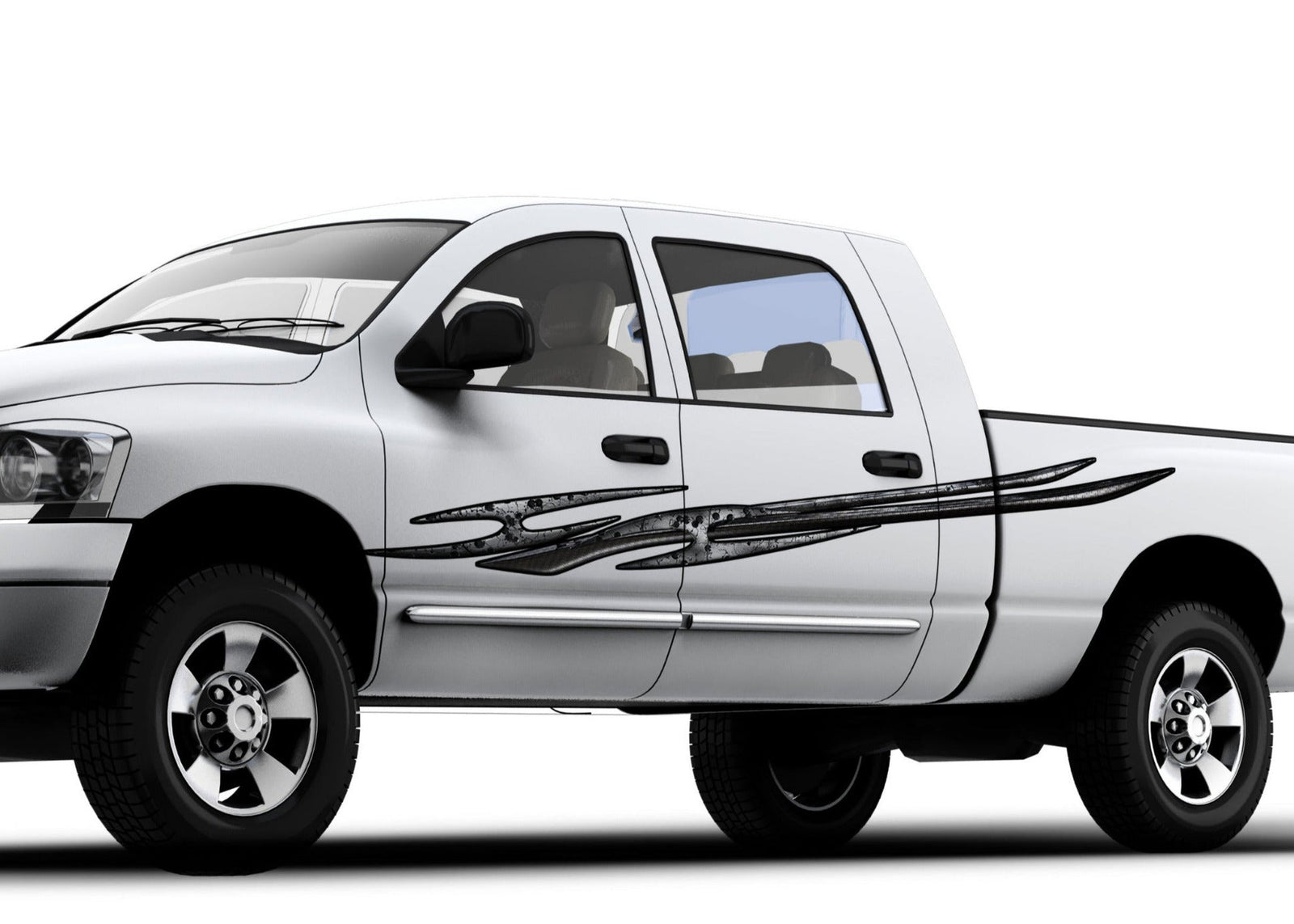 white pickup truck with metal style tribal spike vinyl decal on driver side