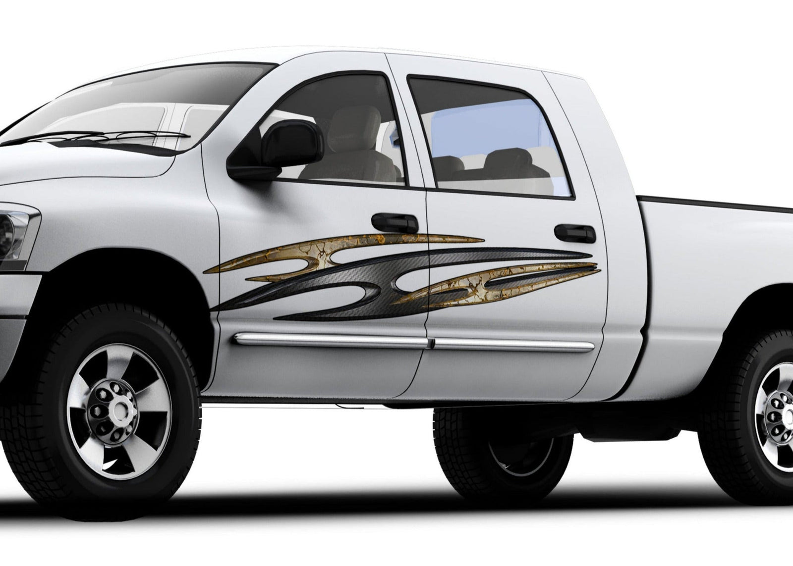 white pickup truck with tribal zion carbon fiber spear decal on driver side