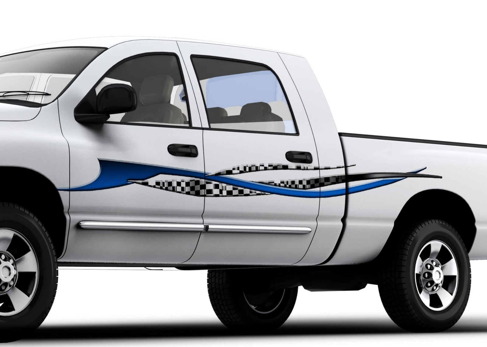 White pickup truck with blue stripe graphics on its driver side