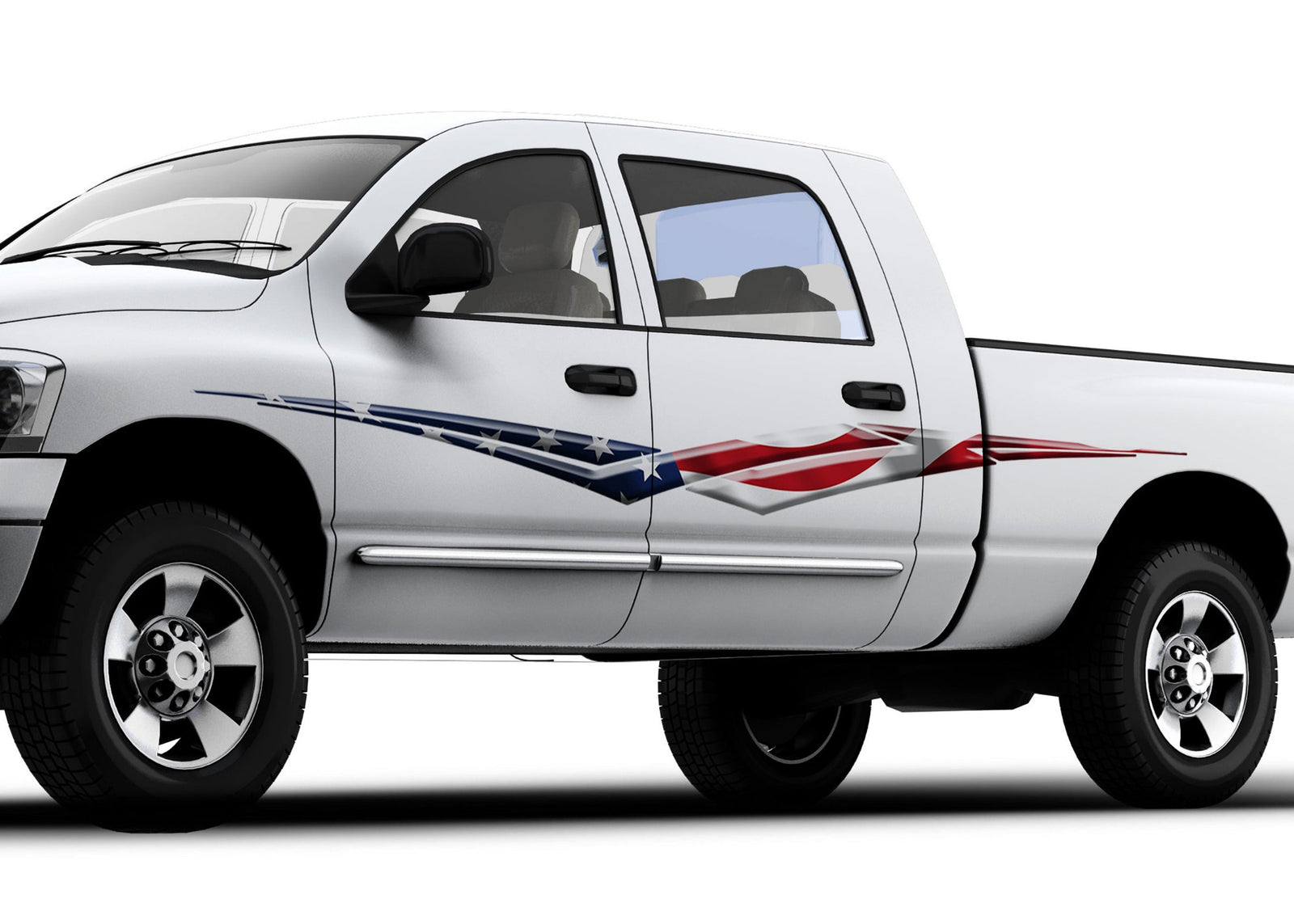 white pickup with american flag viper spear stripe decal on driver side