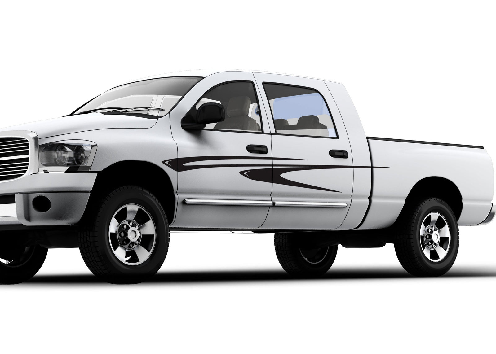 white pickup with black slipstream stripe vinyl cut decal on driver side of truck