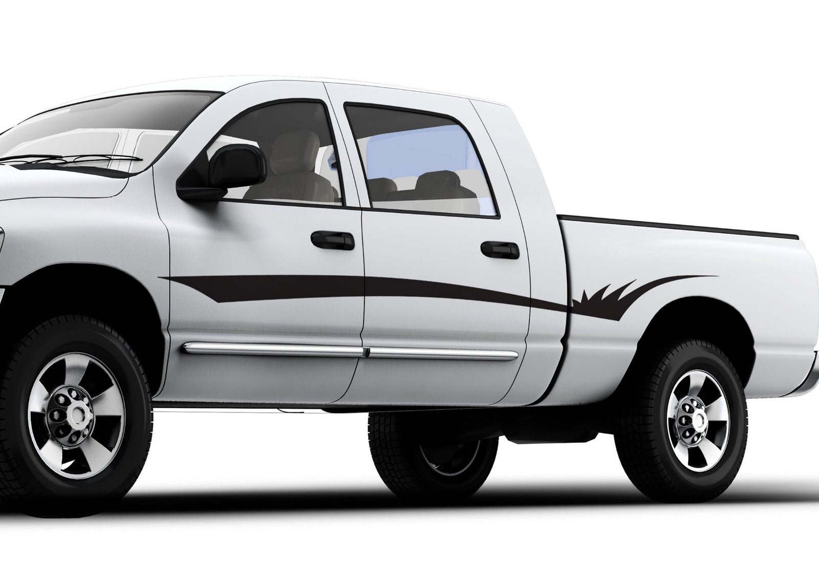 white pickup with black thorn stripe decal on driver side