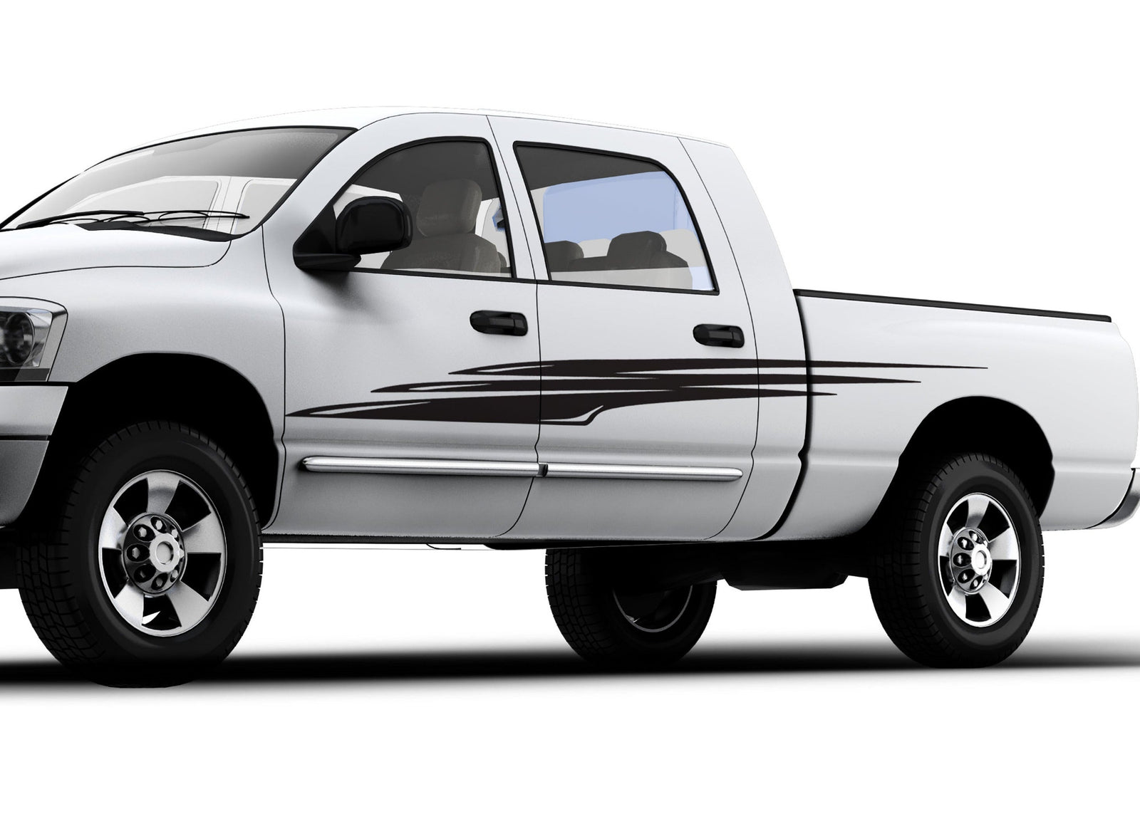 white pickup with black vinyl falcon wing decal or driver side