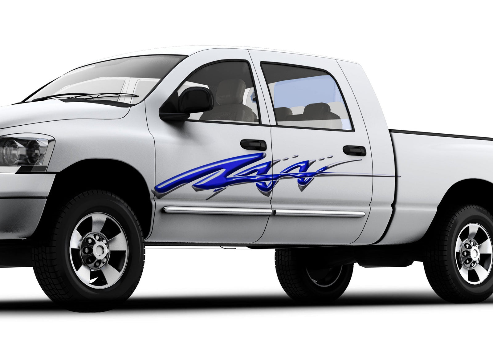 white pickup with blue spear arc vinyl decal on driver side