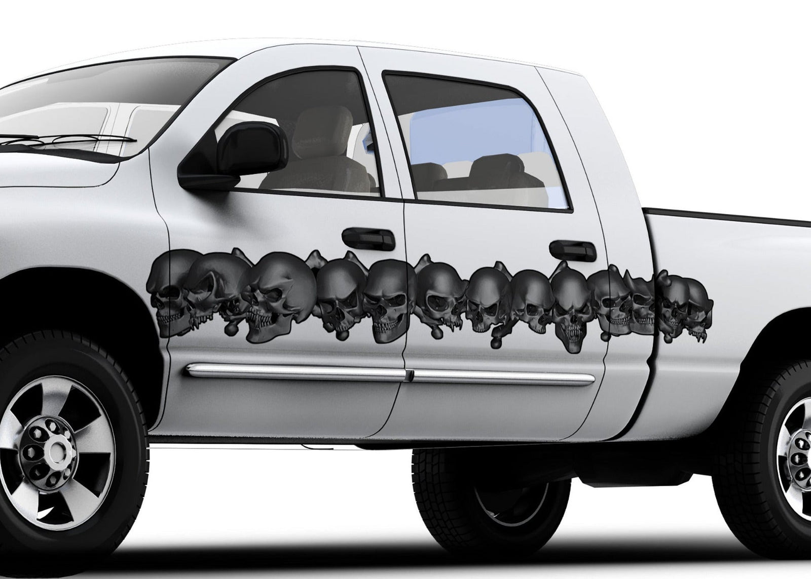 white pickup with dark grey skulls link vinyl graphics on driver side