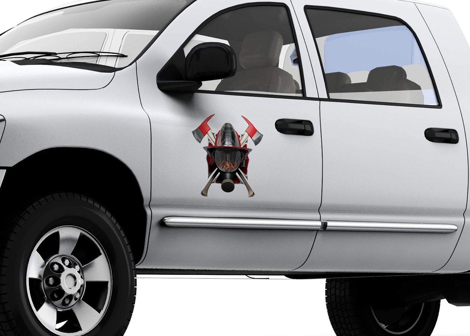 white pickup with firefighter decal on front door driver side