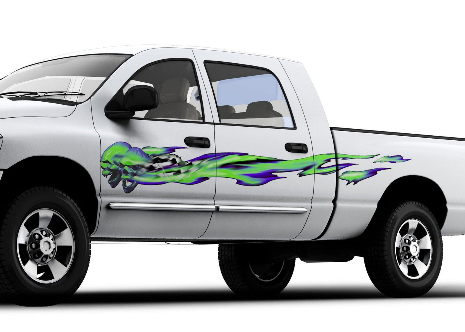 White pickup truck with green and blue ghost flames graphics on its side