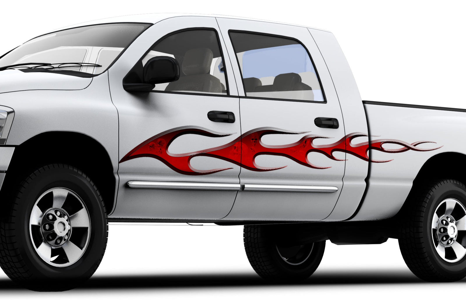 white pickup with red flame skulls decals on driver side