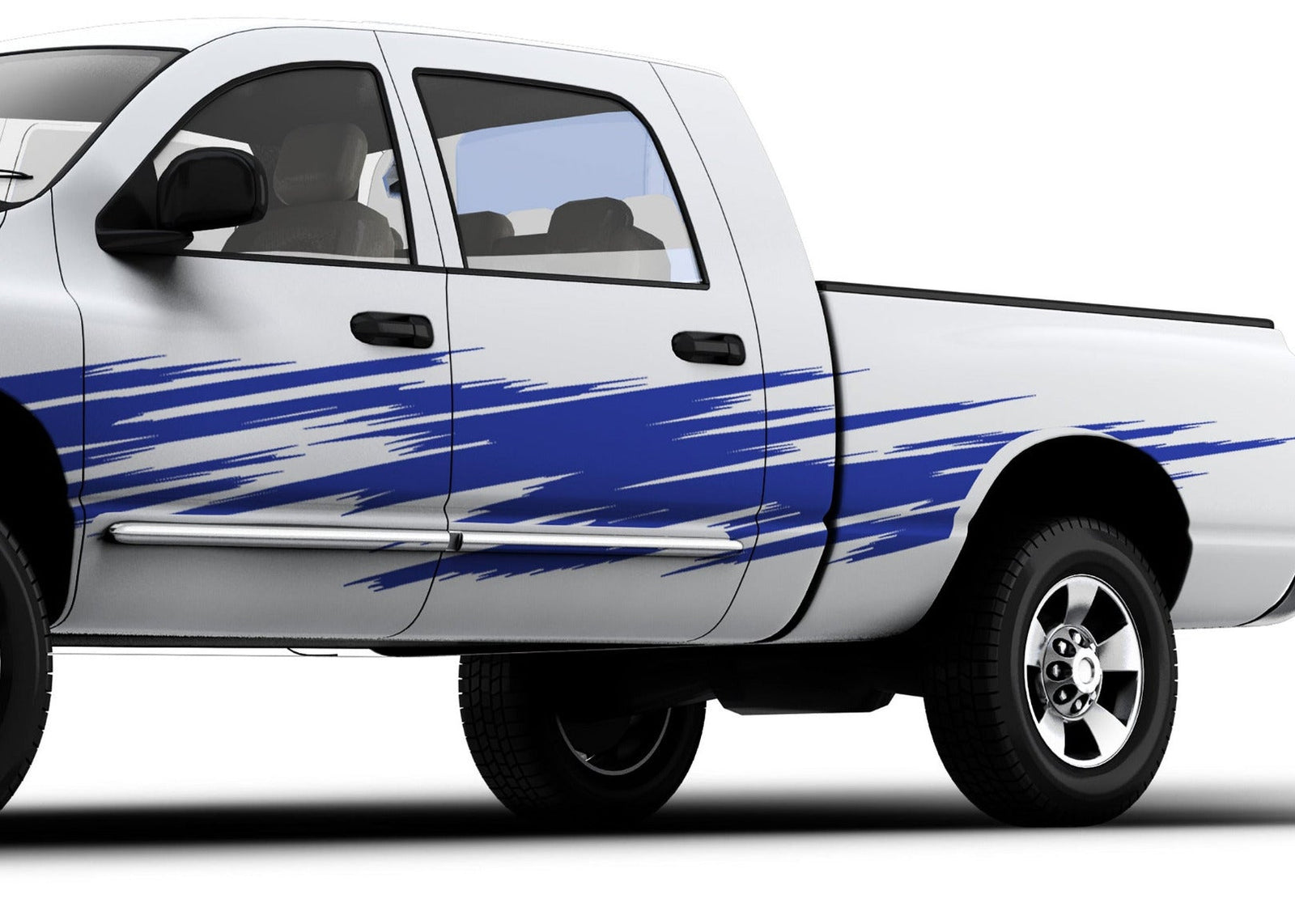white pickup with blue scratch style 3 vinyl decal on driver side