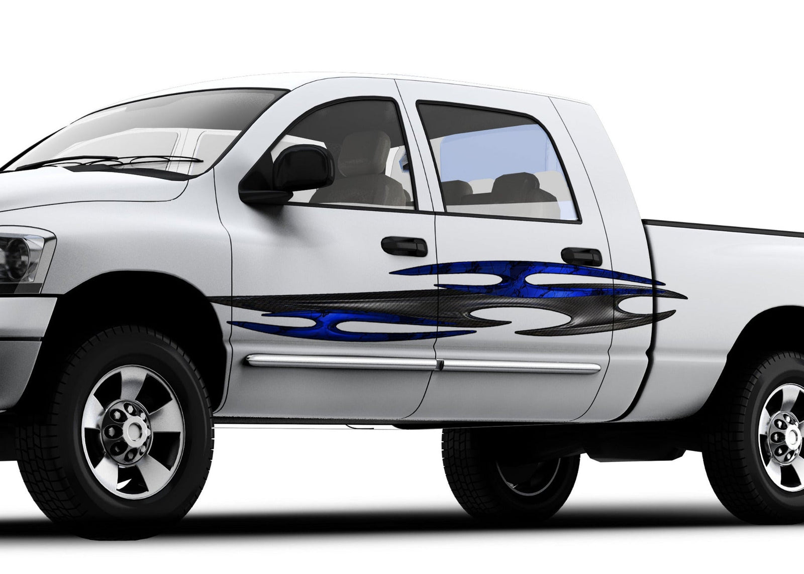 white pickup with tribal carbon fiber vinyl graphics on driver side