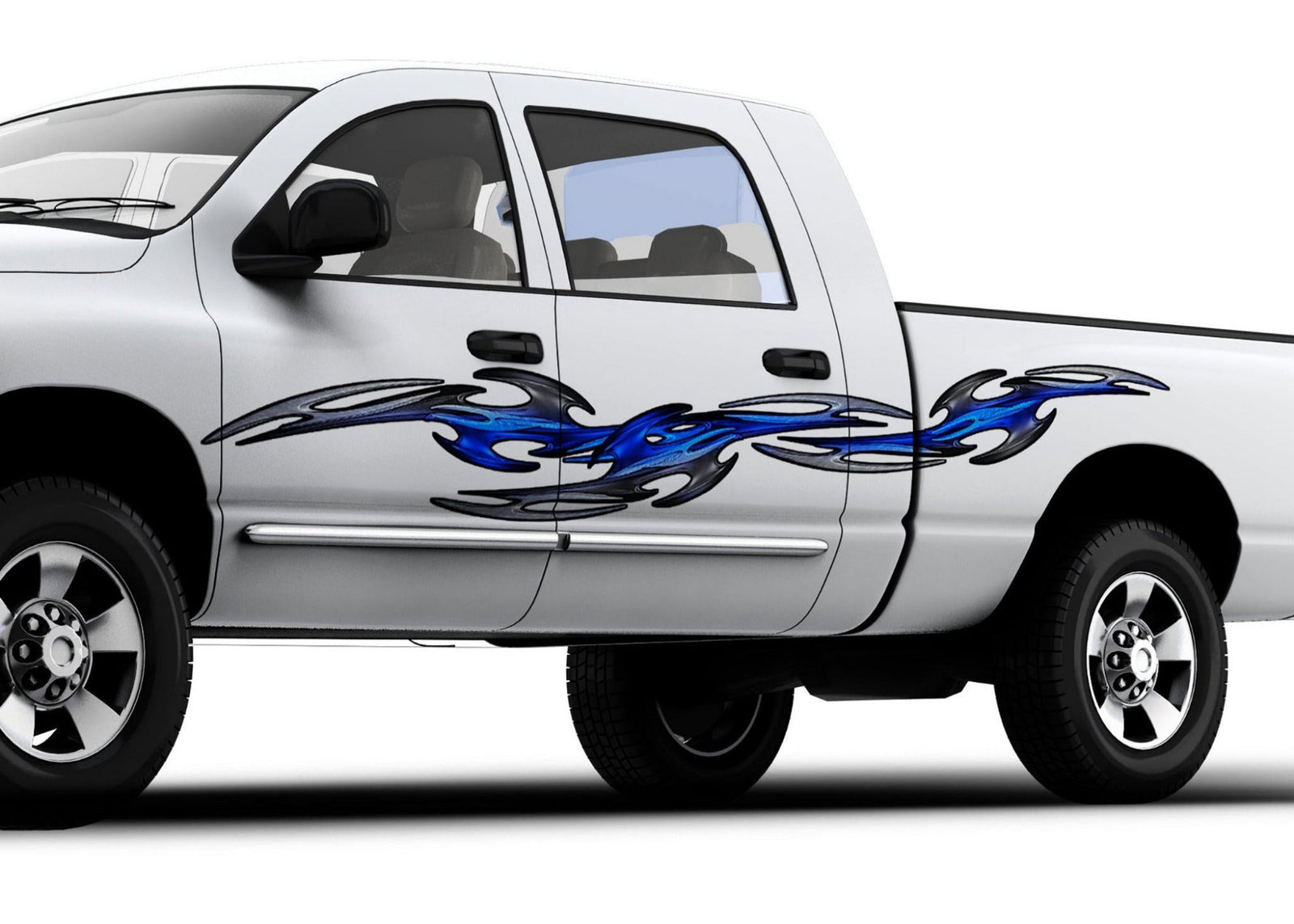 white pickup with tribal links vinyl graphics on driver side