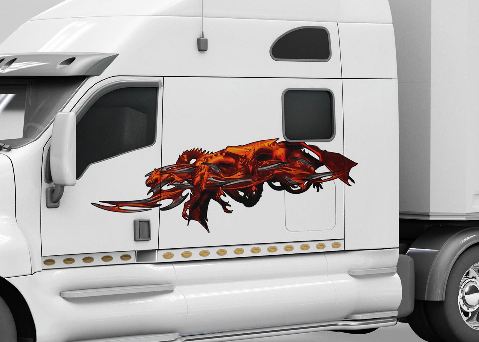 white semi trailer with red tribal dragons decal on cab side