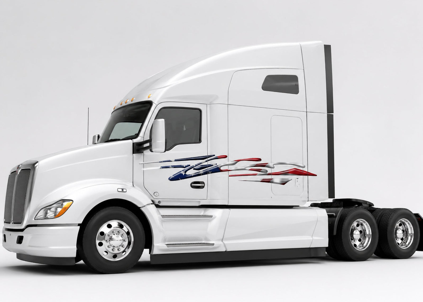 white semi truck with american flag blade streak vinyl decal on driver side