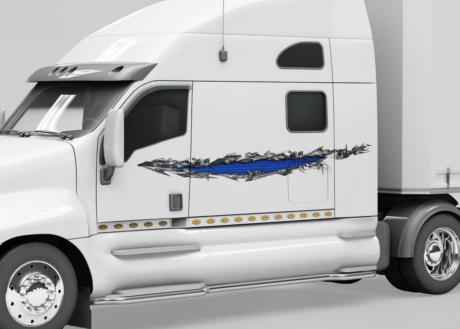 white semi truck with diamond plate ripper tear decal on driver side