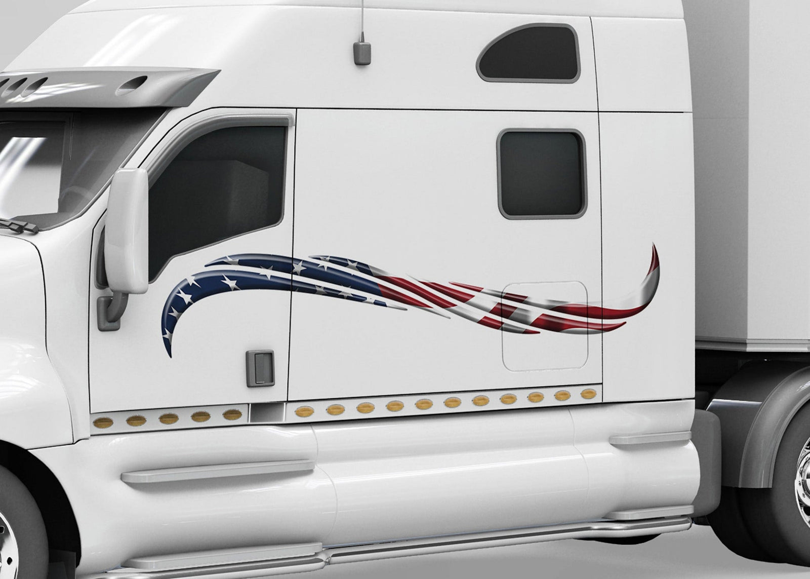 white semi truck with hookwave USA Flag vinyl graphics on cab driver side