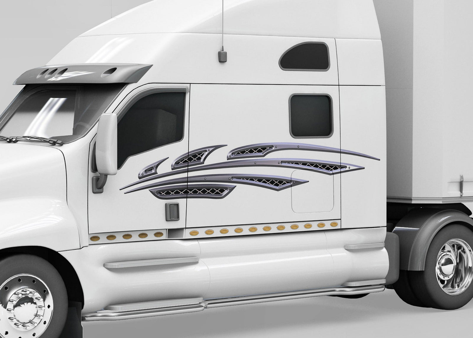 white semi with metal style comet arc vinyl graphics on driver side