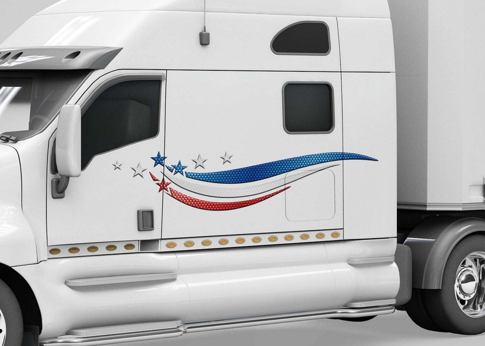 white semi with red white and blue stars and stripes vinyl decal on driver side