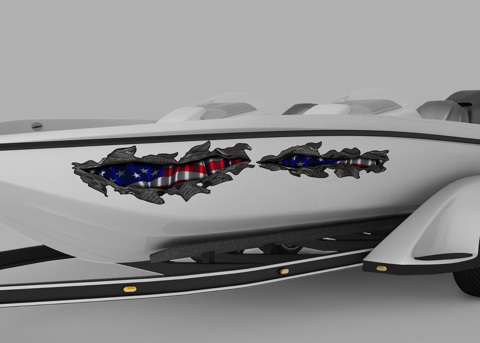 white speed boat on trailer with american flag carbon fiber tears on port side