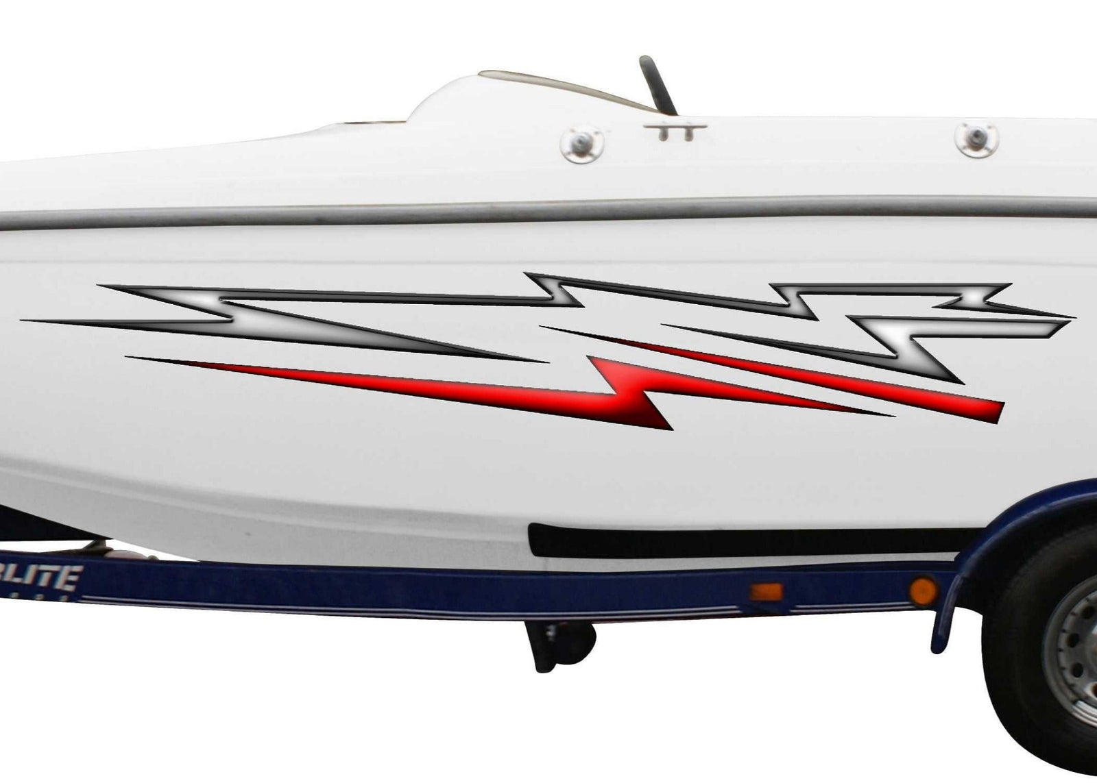 white speed boat with electro vinyl graphics on its side