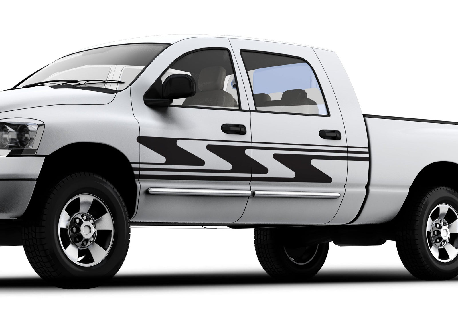 white truck with Z-line vinyl stripes on driver side