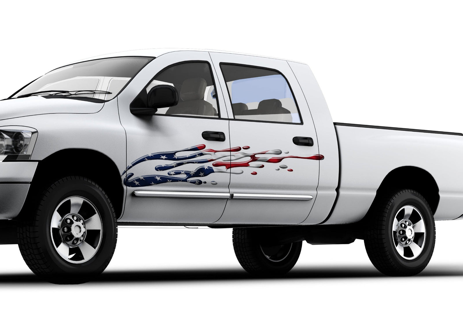 white truck with American flag mud splash vinyl decal on driver side