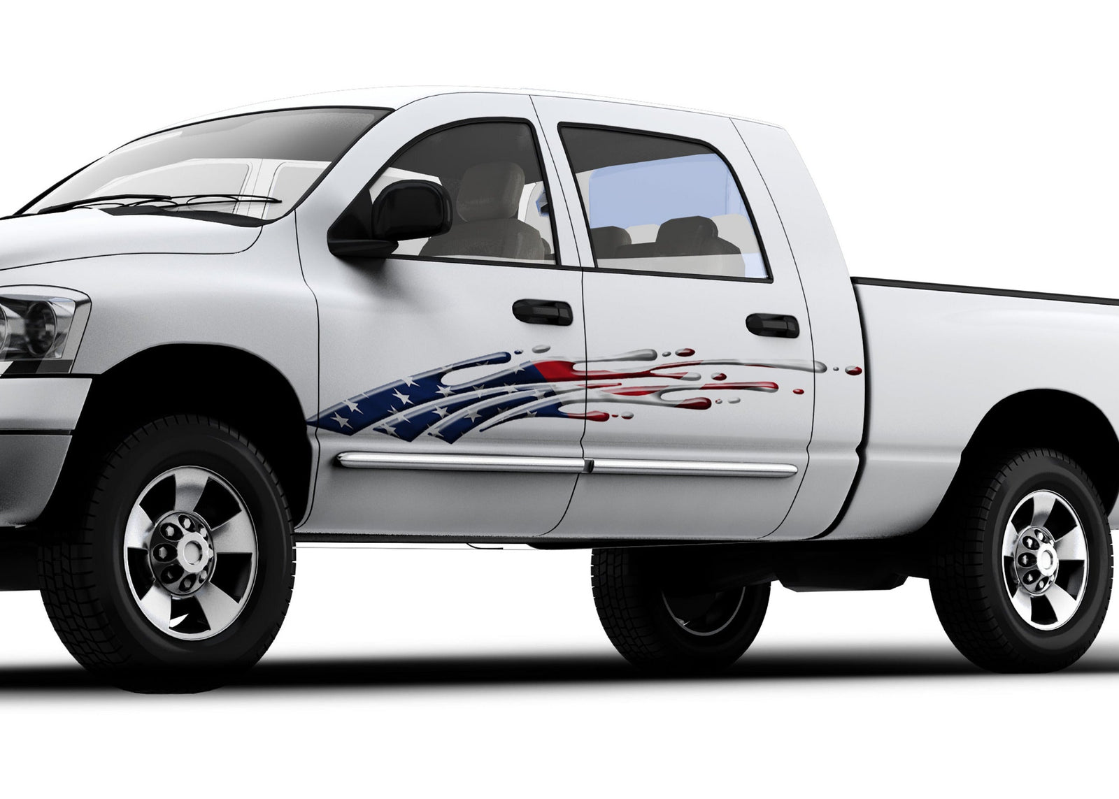 white truck with american flag mud splash vinyl graphics on driver side