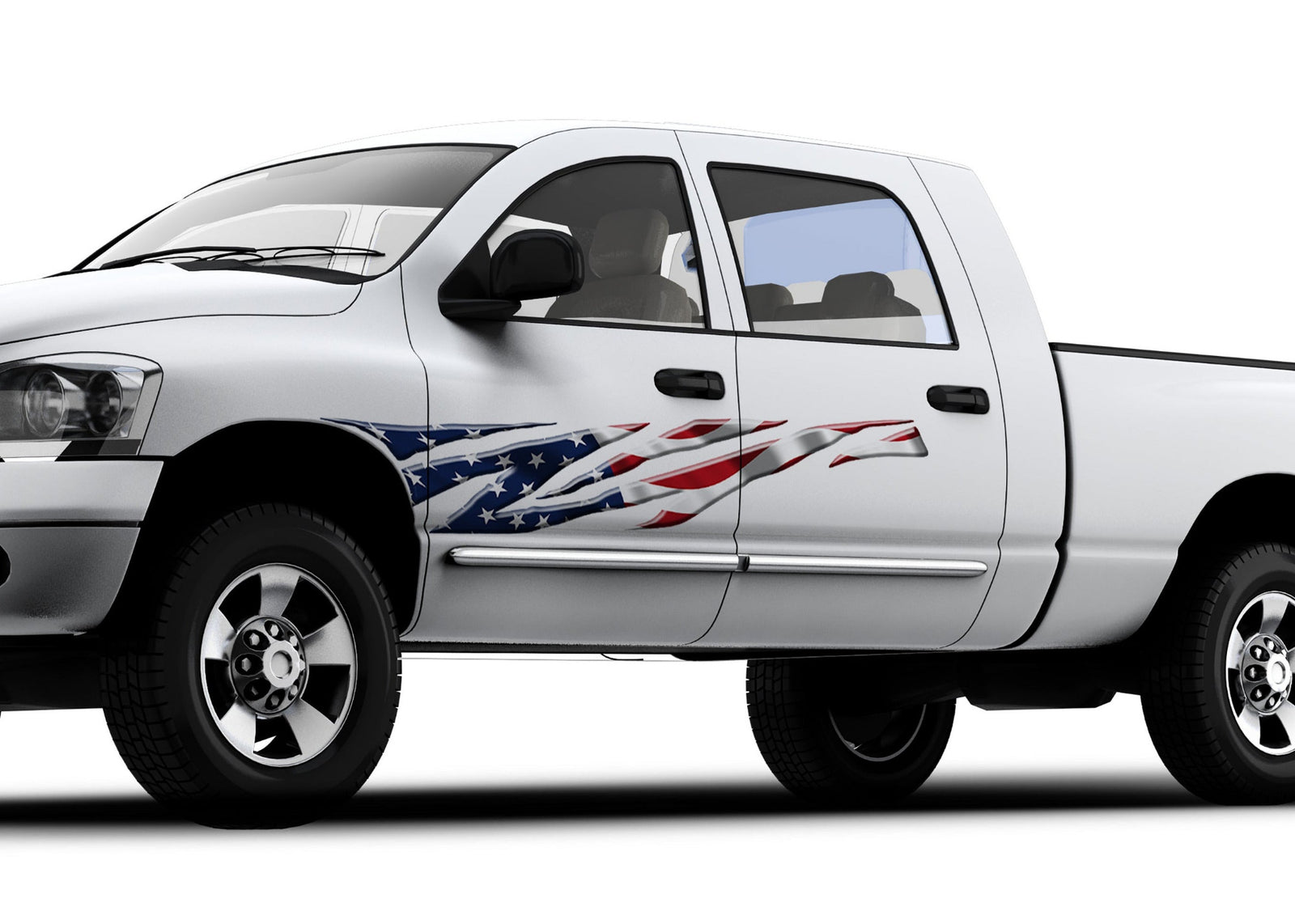 white truck with american flag razon grid vinyl graphics on driver side