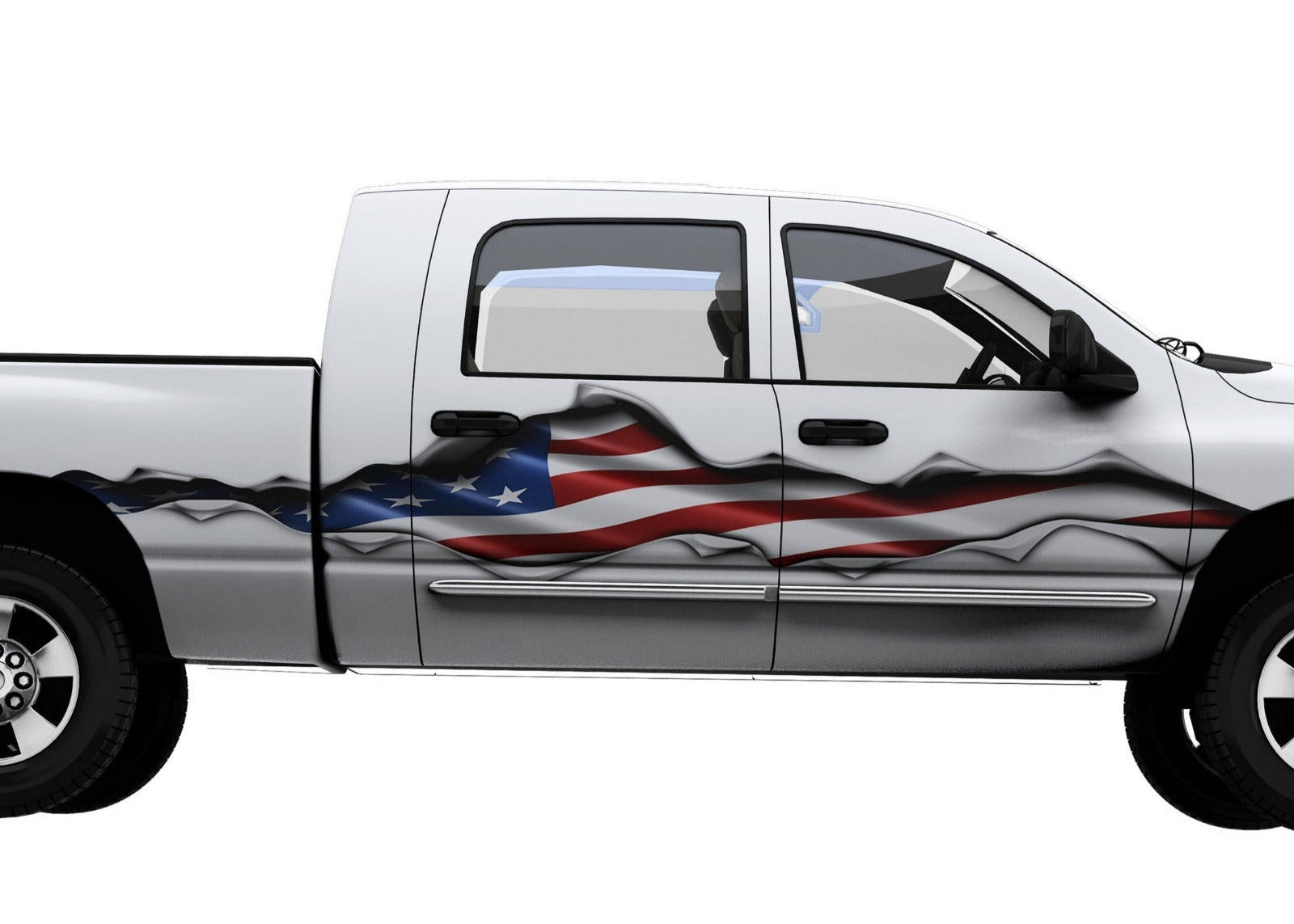 white truck with American flag rip large decal on the side