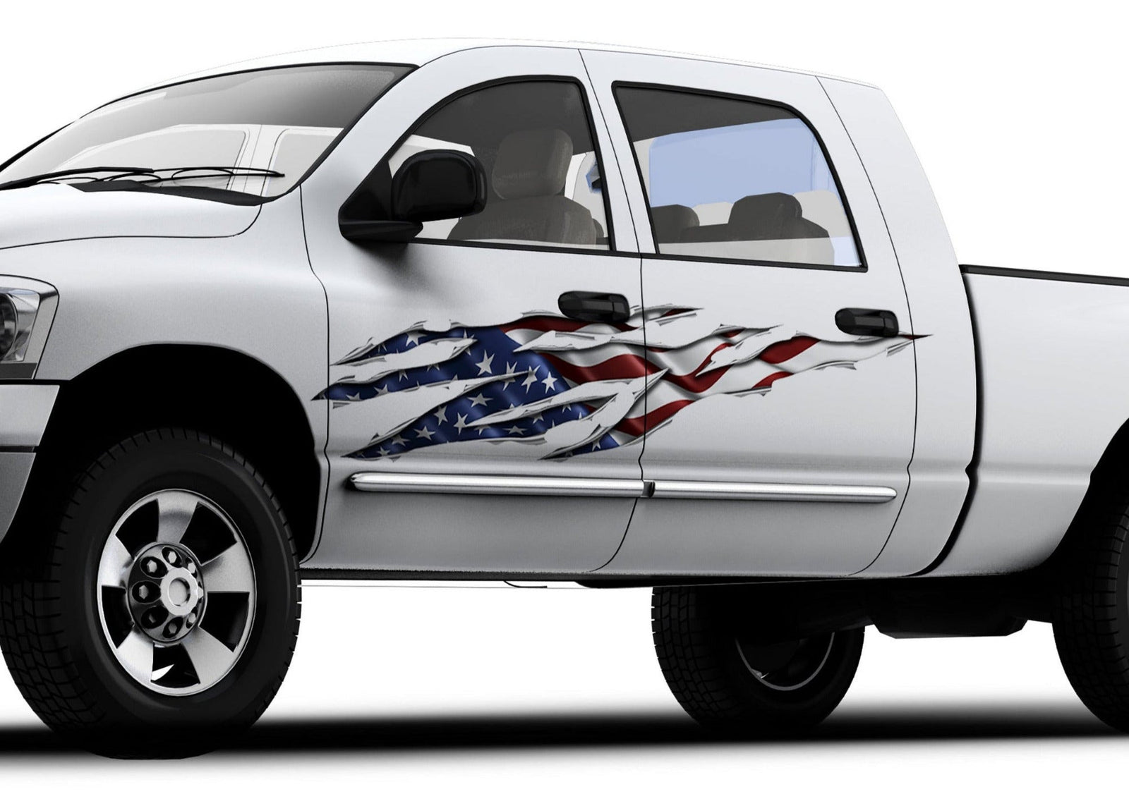 White pickup truck with American flag rip decal design on driver side
