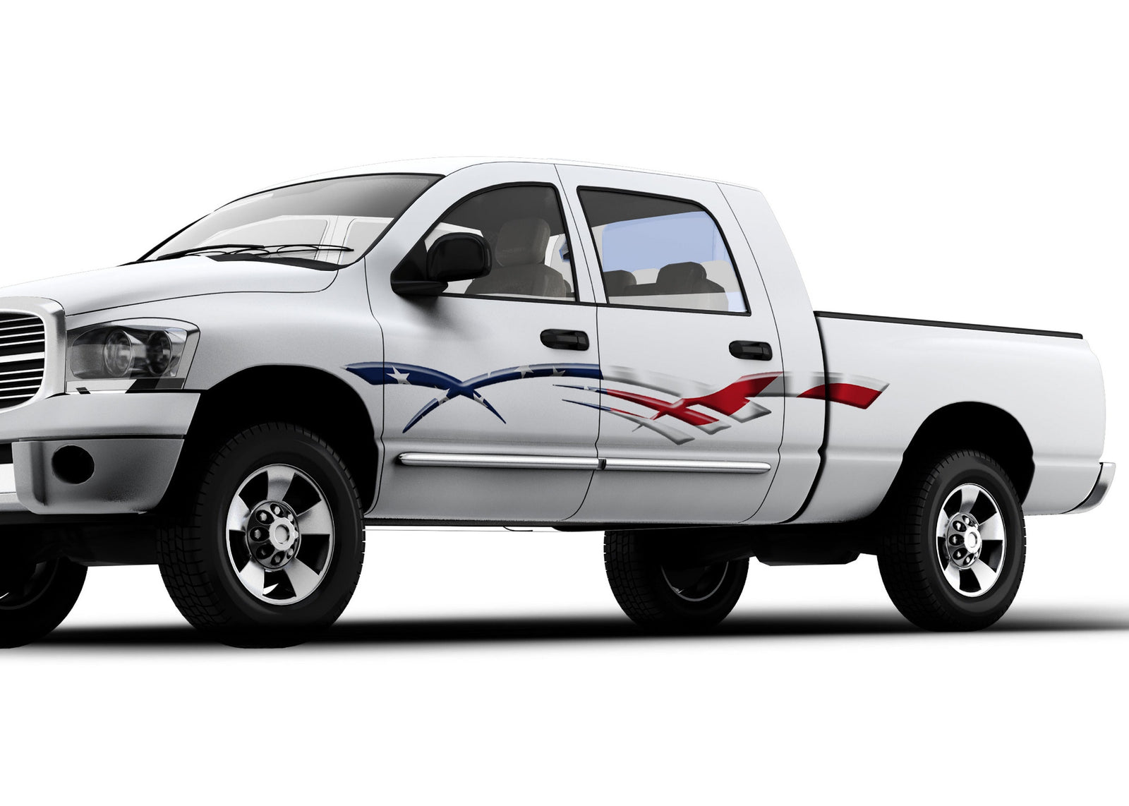 white truck with american flag sweep stripe vinyl decal on driver side of pickup