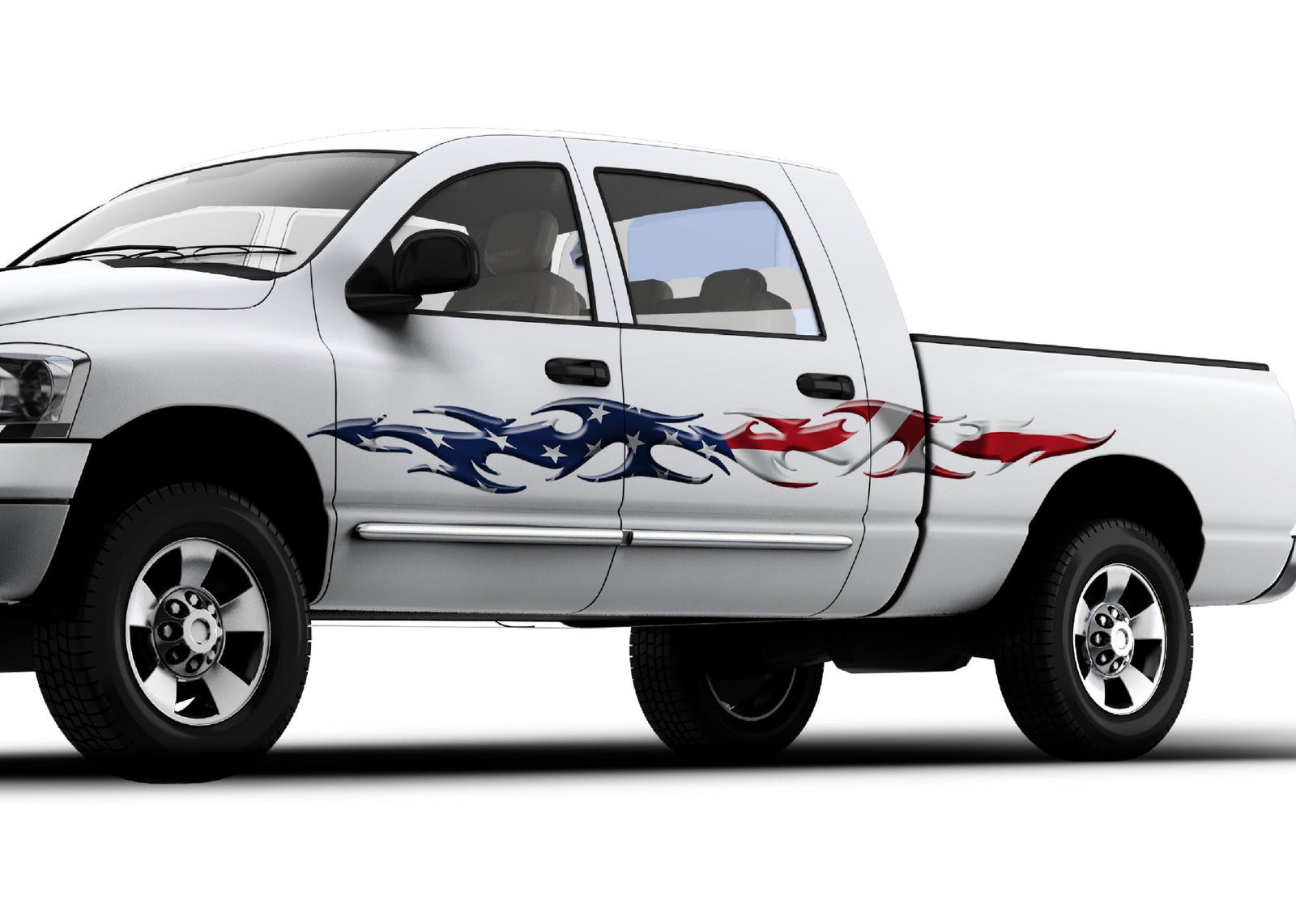 white truck with american flag tribal flames vinyl graphics on driver side