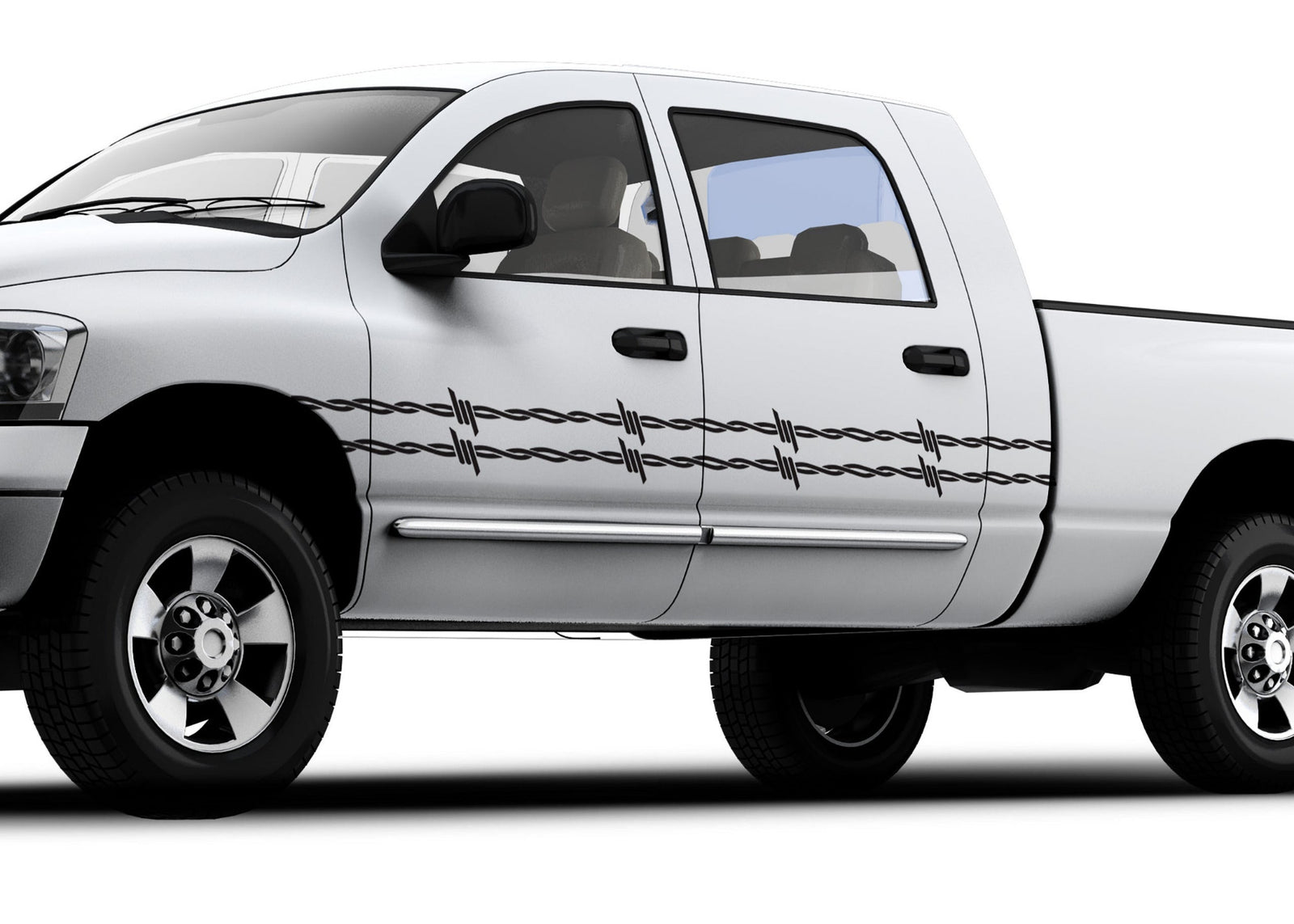 white truck with black barbwire stripes decals on driver side