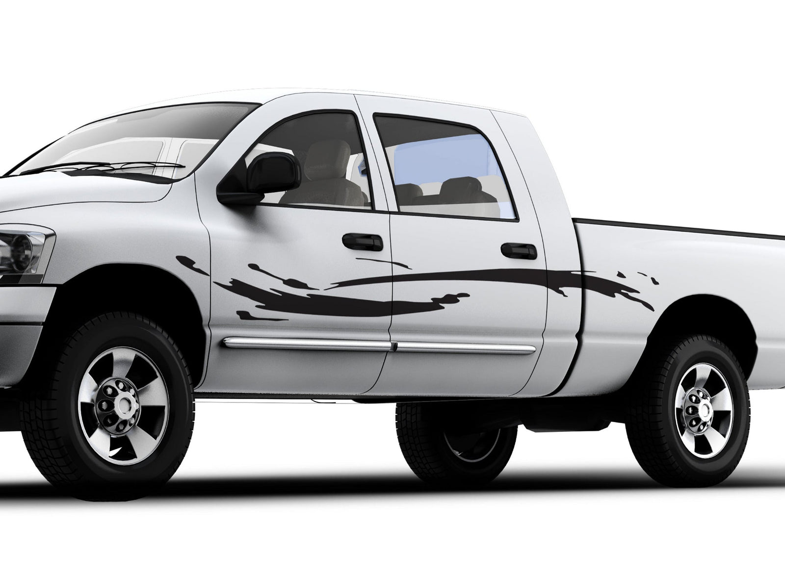 white truck with black brush strokes vinyl decals on driver side