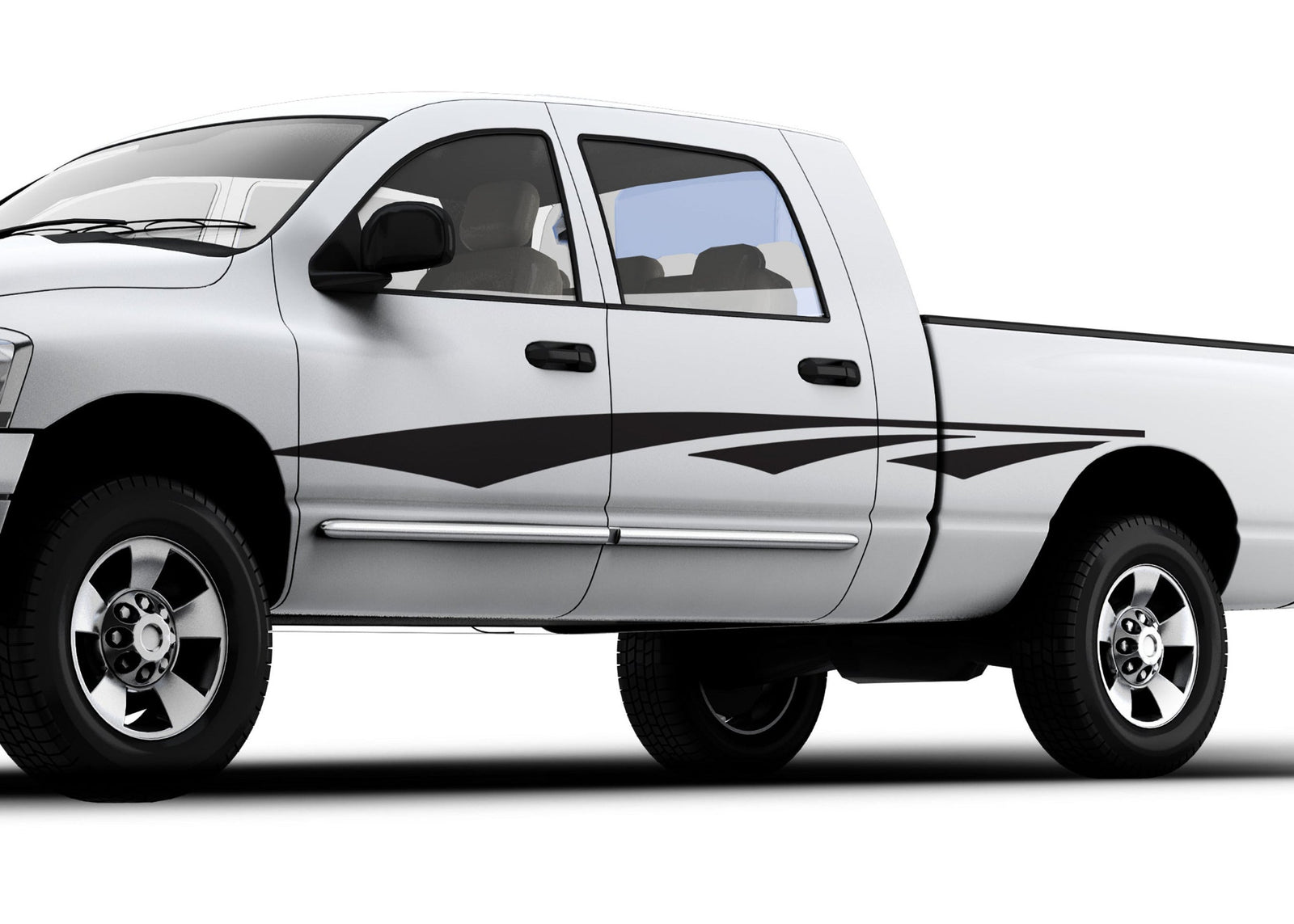 white truck with black tri sweep vinyl stripe decal on driver side