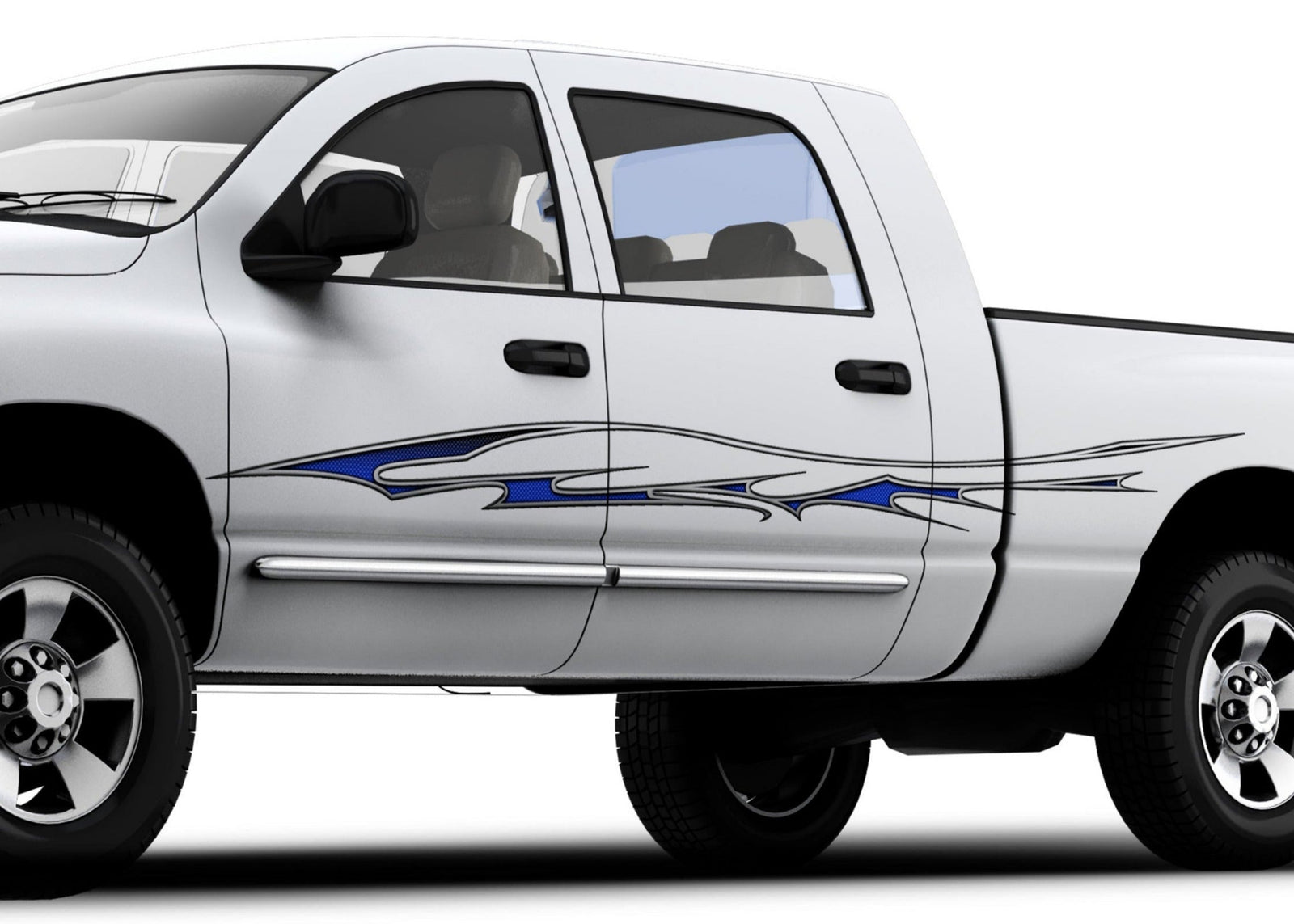 white truck with blue sike carbon fiber stripe graphics on the driver side