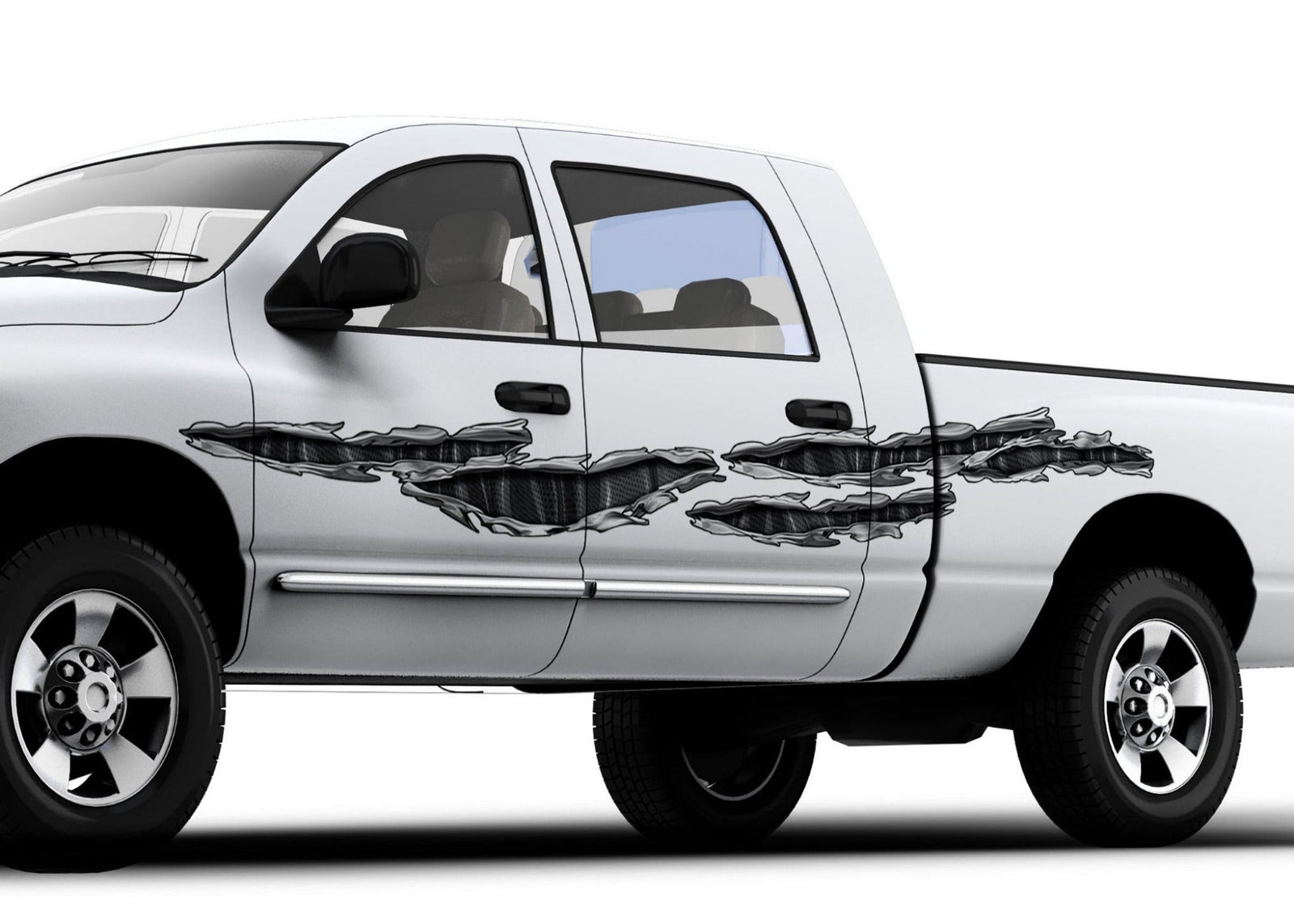 white truck with carbon fiber rip chrome vinyl graphics on driver side