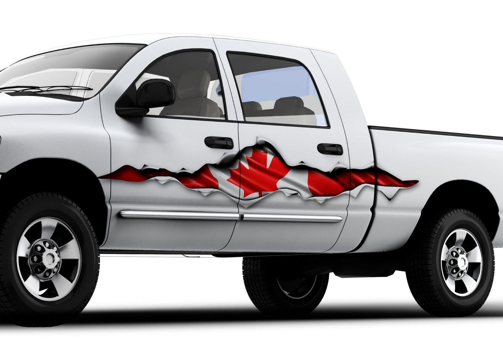 white truck with large canadian flag rip vinyl decal on its cab side