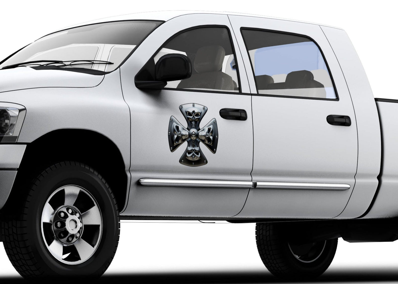 white truck with maltese cross skulls decal on driver side door