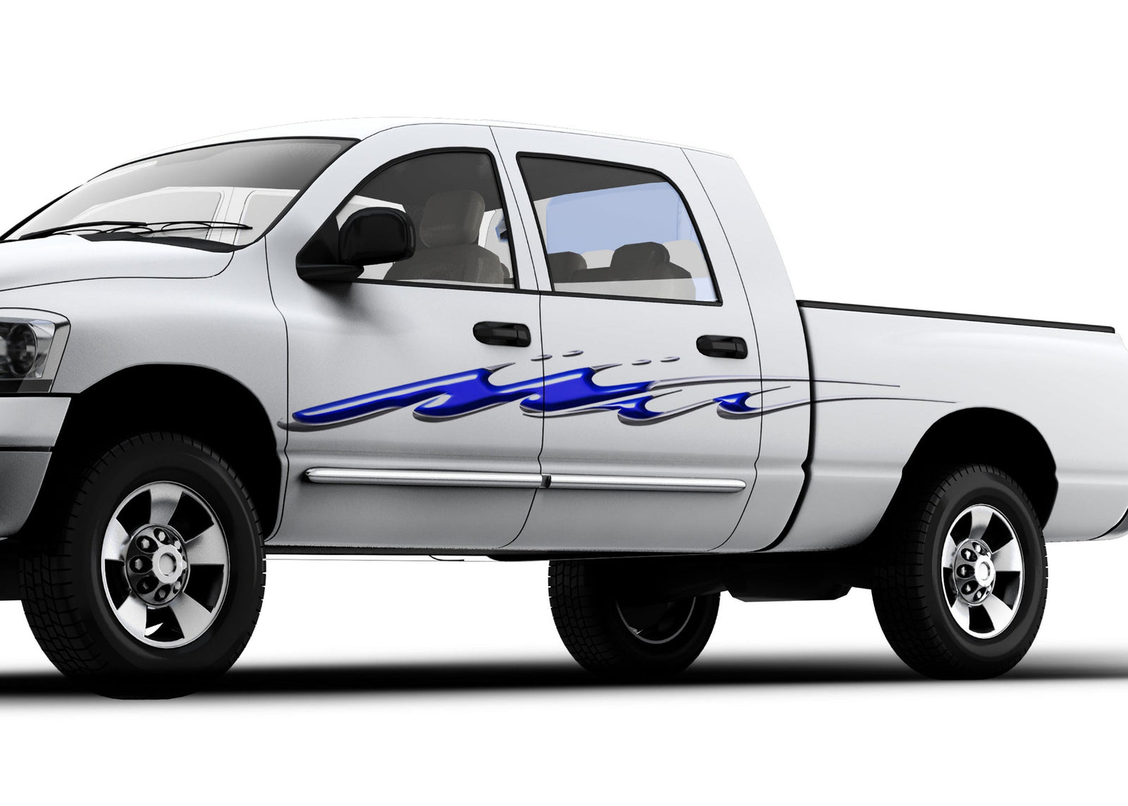 white truck with mud splash stripe vinyl graphics on driver side