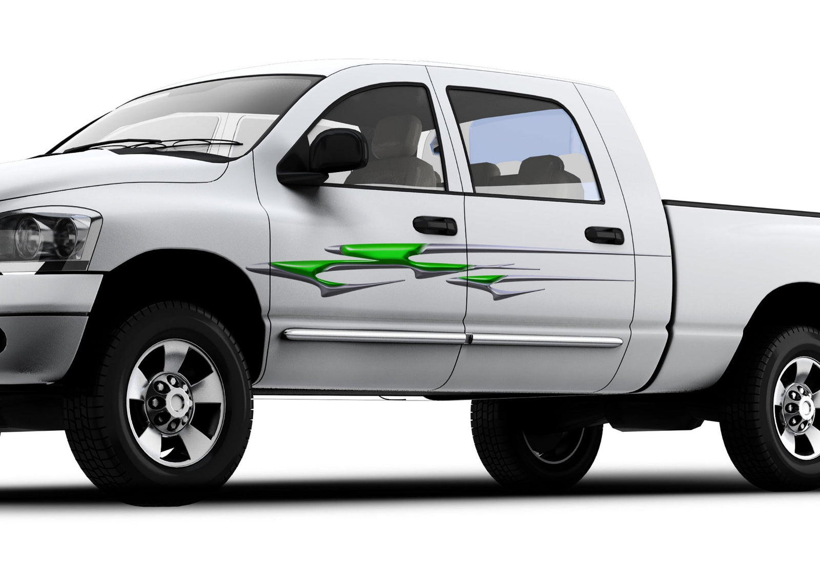 white truck with nitro spear vinyl graphics on driver side