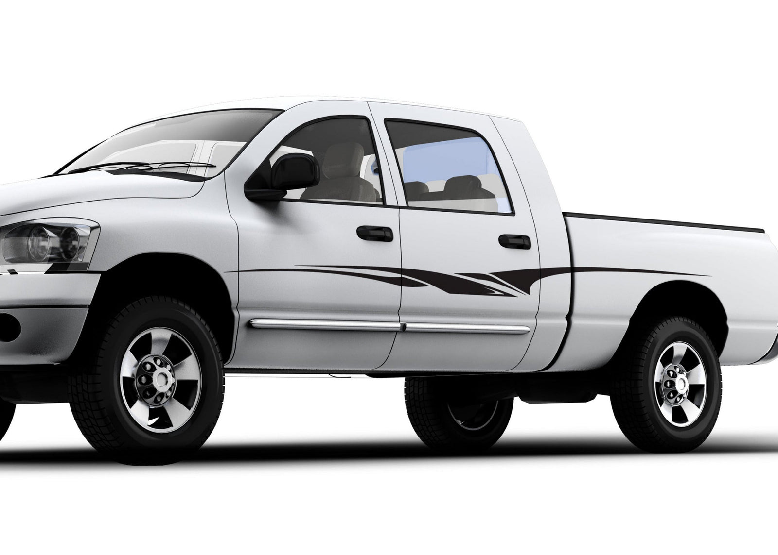 white truck with phantom Arc black stripe decal on driver side