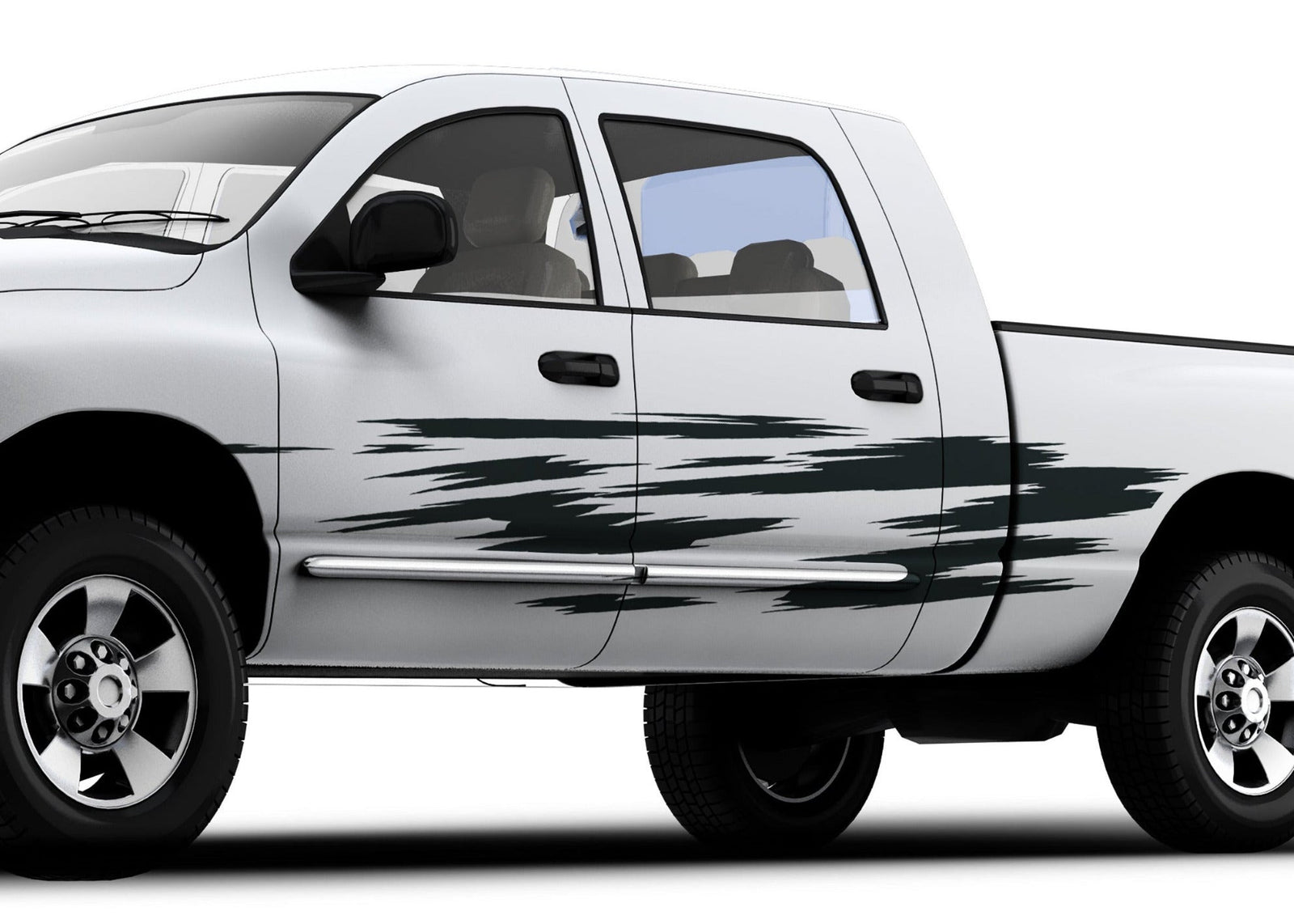 white truck with scratch style 4 vinyl stripes decals on its driver side