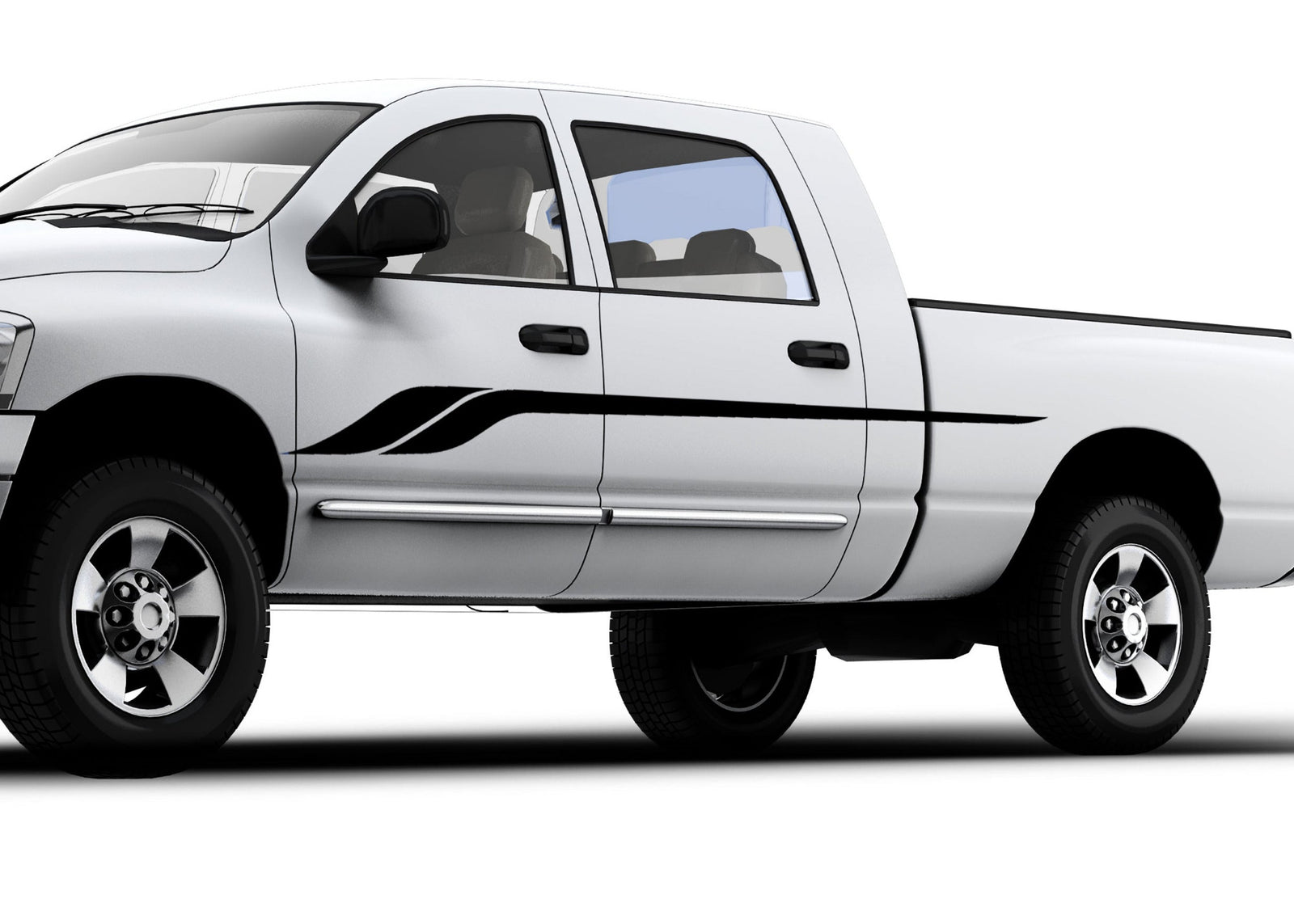 white truck with sportline vinyl black stripe on driver side