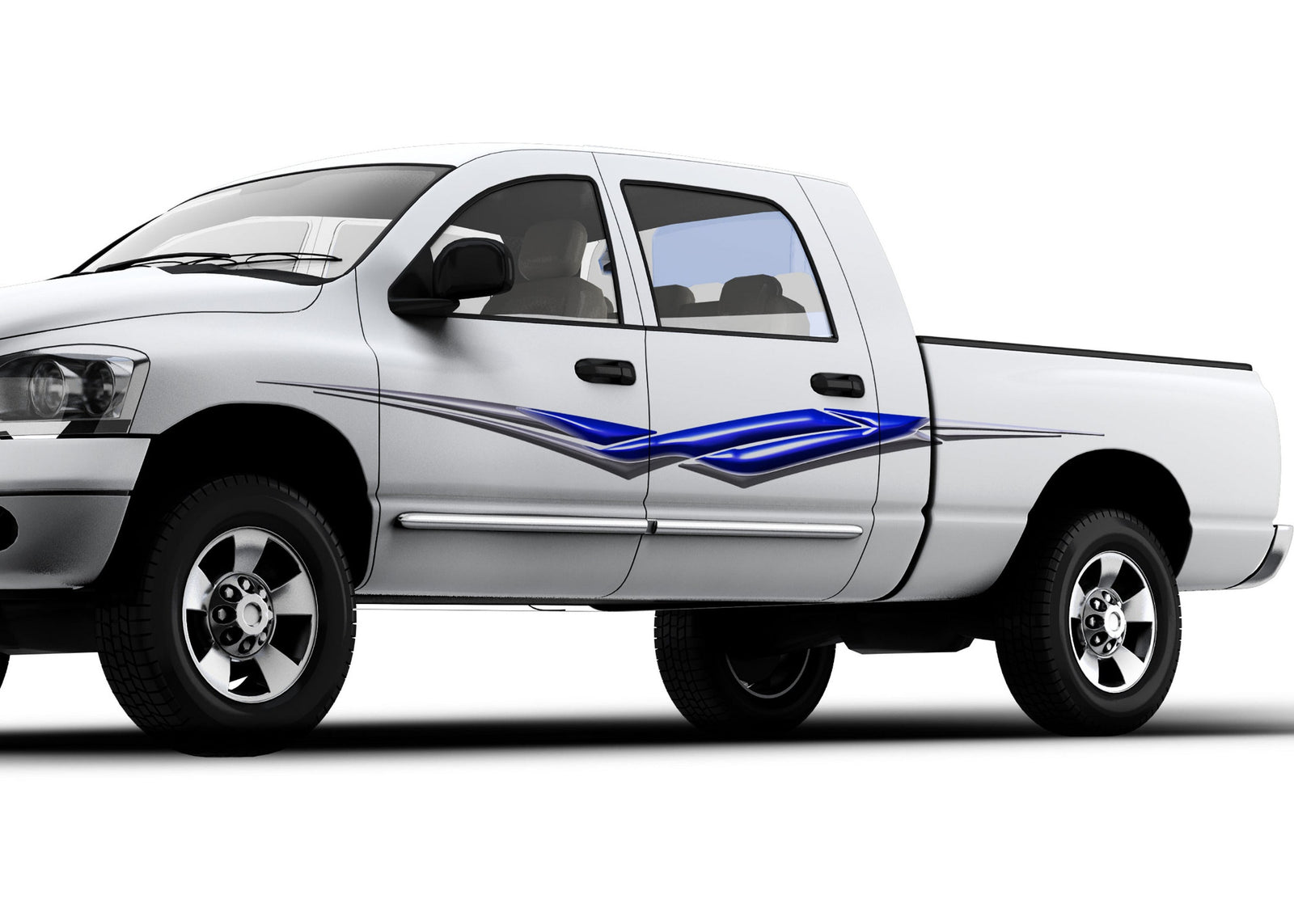 white truck with viper spear blue stripe vinyl graphics on driver side
