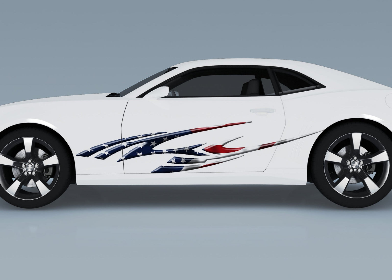 white camaro with American flag Aero spike vinyl graphics on driver side